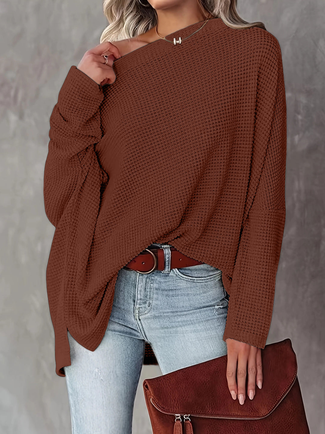 Damen lässiger Off-Shoulder Pullover im Strukturdesign Heidi-Mode
