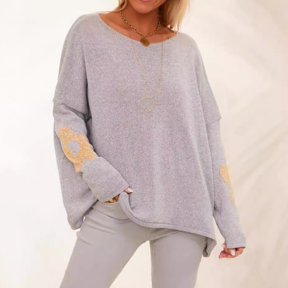 Damen grob gestrickter Pullover mit floralem Design und weitem Schnitt Heidi-Mode