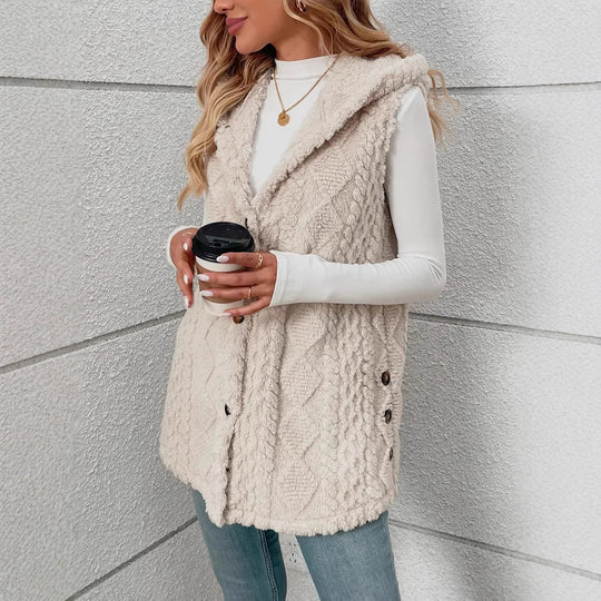 Damen Plüschweste mit Kapuze und Knopfverschluss Heidi-Mode