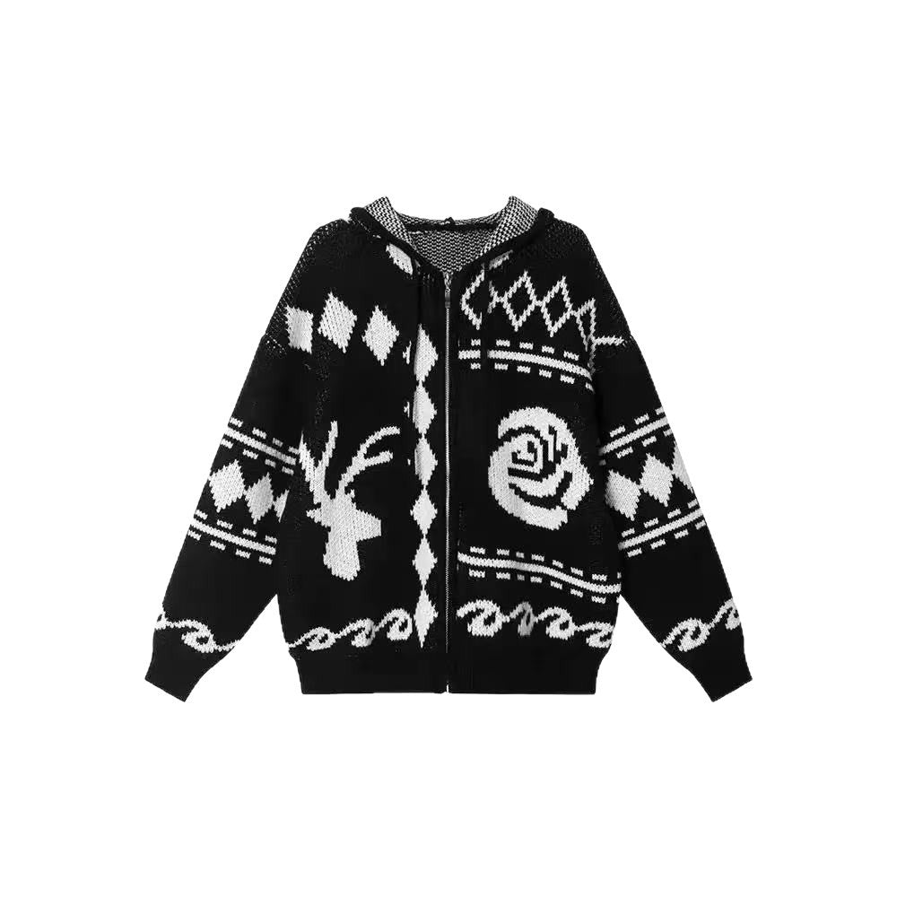 Damenmodische Strickjacke mit grafischem Muster und Kapuze Heidi-Mode