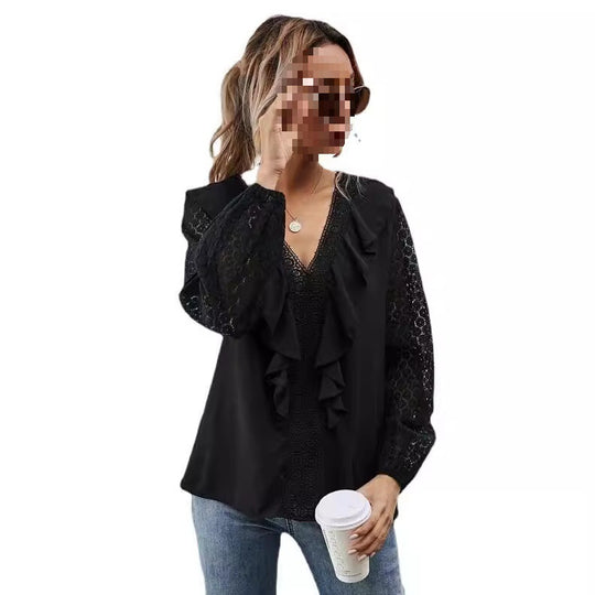 Damen Rüschenbluse mit transparenten Ärmeln und feinen Spitzenakzenten Heidi-Mode