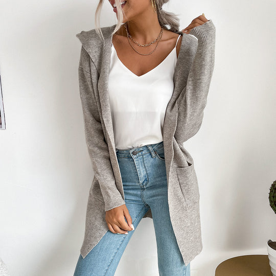 Damen Langärmlige Strickjacke mit Kapuze und seitlichen Taschen Heidi-Mode