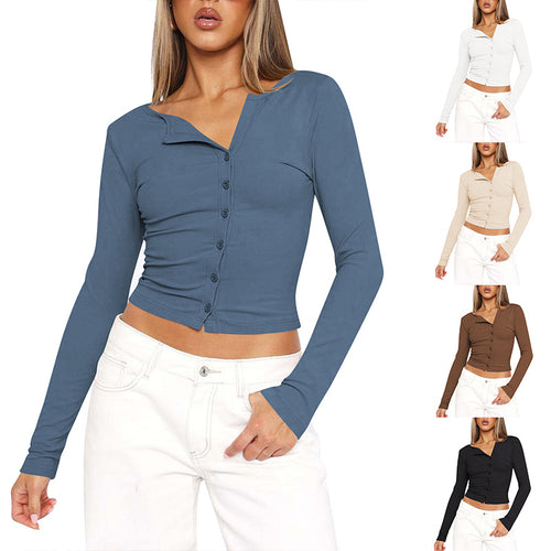 Damen figurbetontes Langarmshirt mit Knopfleiste und V-Ausschnitt Heidi-Mode