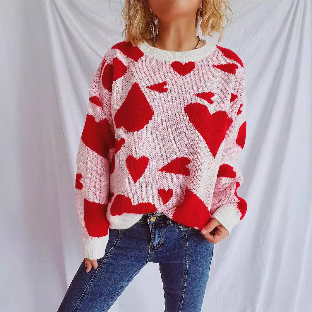 Damen oversized Pullover mit Herzmotiv Heidi-Mode