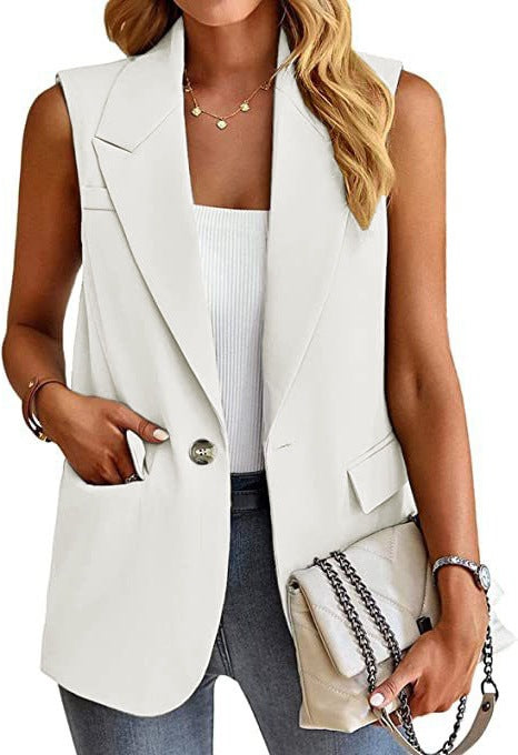 Damen ärmellose Blazerjacke mit Taillenakzenten und praktischen Taschen Heidi-Mode