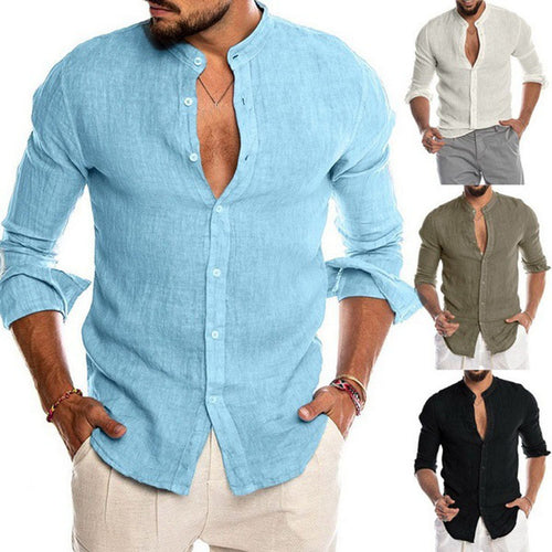Herren Leinenhemd mit modernem Henley-Ausschnitt und Struktur Heidi-Mode