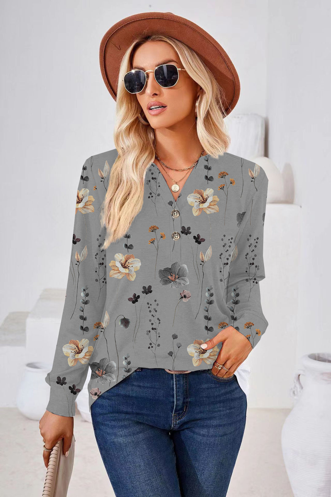 Damen Langarm-Bluse mit floralem Druck und Knopfleiste Heidi-Mode