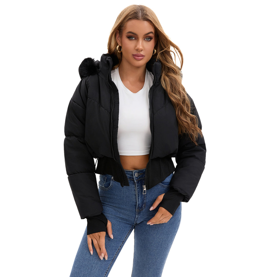 Damen cropped Daunenjacke mit abnehmbarer Kapuze und Kunstfellbesatz Heidi-Mode