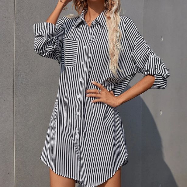 Damen Hemdblusenkleid im lässigen Stil mit Streifenmuster Heidi-Mode