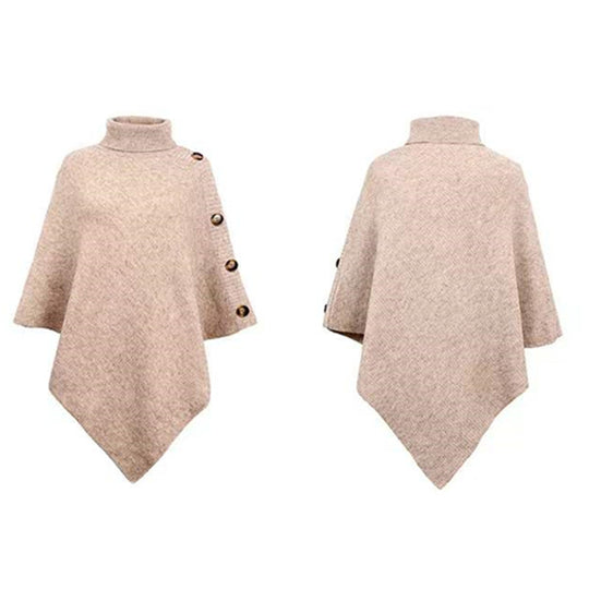 Damen Strick-Poncho mit steigendem Kragen und dekorativen Knopfdetails Heidi-Mode
