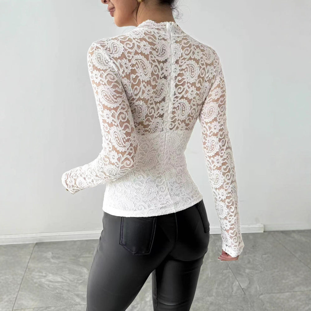 Damen Spitzenshirt mit elegantem hohem Kragen und langem Arm Heidi-Mode