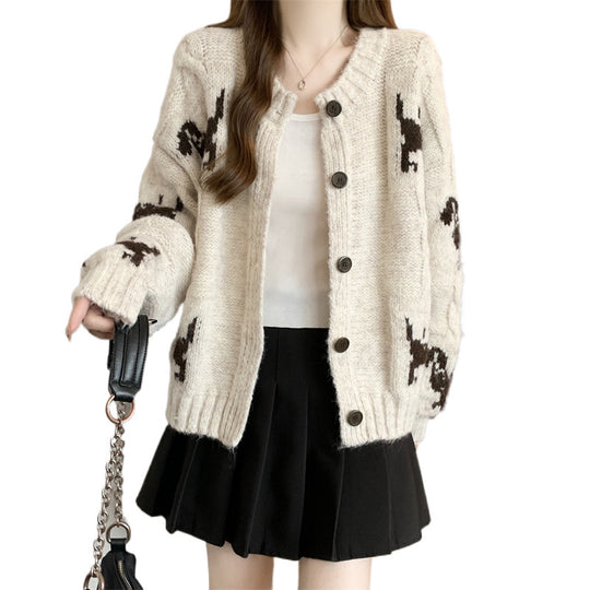 Damen Gemusterter Strickcardigan mit tierischem Motiv und bequemen Oversized-Schnitten Heidi-Mode