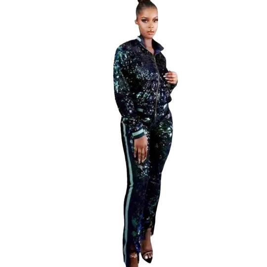Damen Glitzerndes Sportanzug-Set mit trendigen Streifen Heidi-Mode
