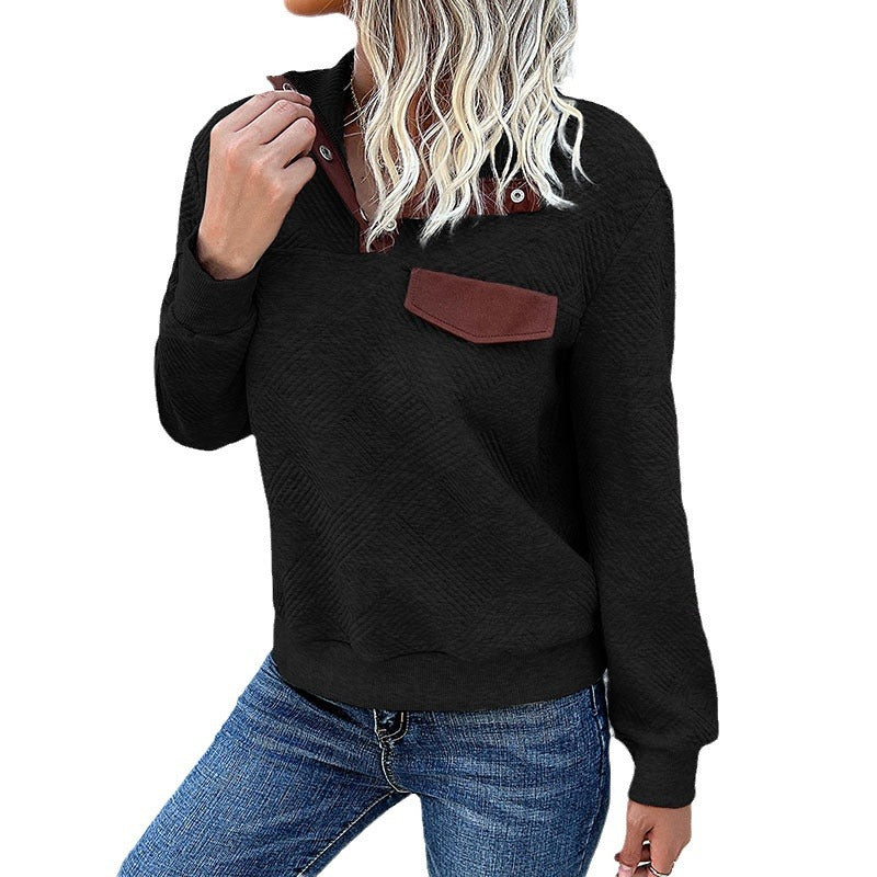 Damen Stehkragen Sweatshirt mit Knopfdetails und Brusttasche Heidi-Mode