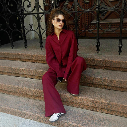 Damen Lässiges Leinen-Set mit weit geschnittenem Oberteil und Hose Heidi-Mode