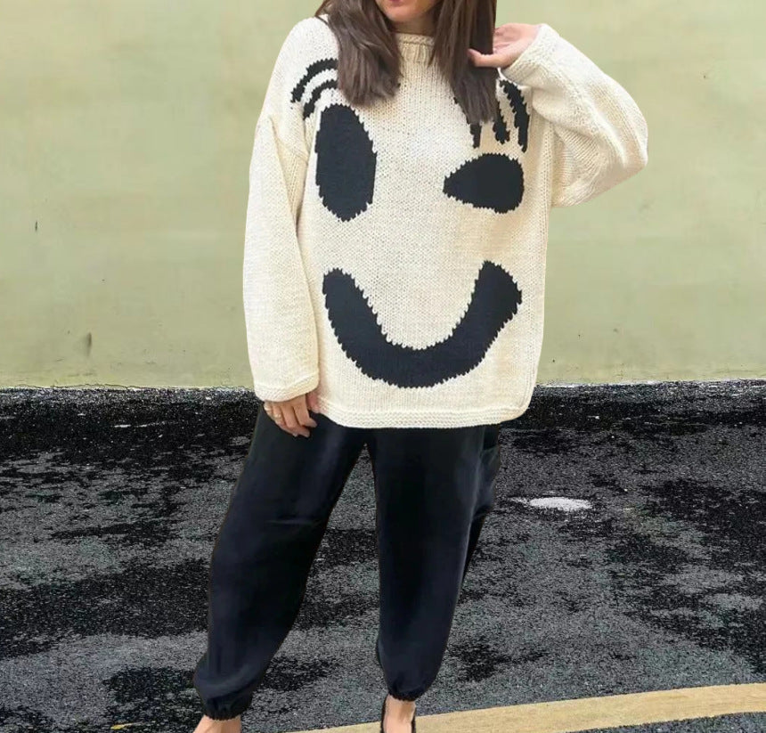 Damen gestrickter Pullover mit fröhlichem Smiley-Motiv und lässigem Schnitt Heidi-Mode
