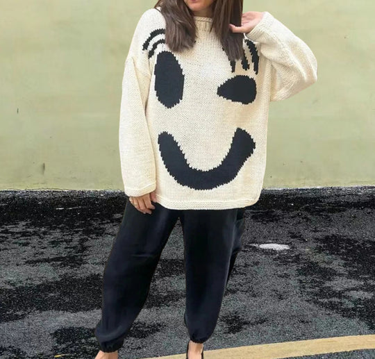 Damen gestrickter Pullover mit fröhlichem Smiley-Motiv und lässigem Schnitt Heidi-Mode