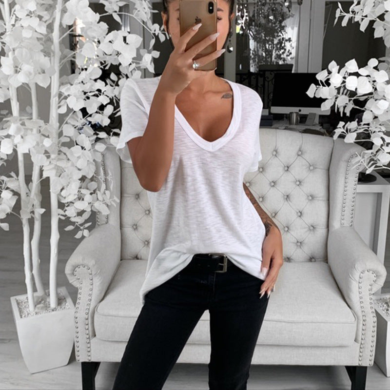 Damen lässiges V-Ausschnitt T-Shirt mit lockerer Passform Heidi-Mode