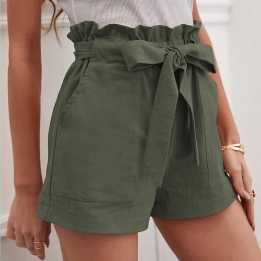 Damen kurze Lockere Leinenhose mit Bindegürtel Heidi-Mode