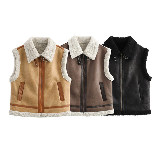 Damen Teddyweste mit hohem Kragen und Kunstlederelementen Heidi-Mode