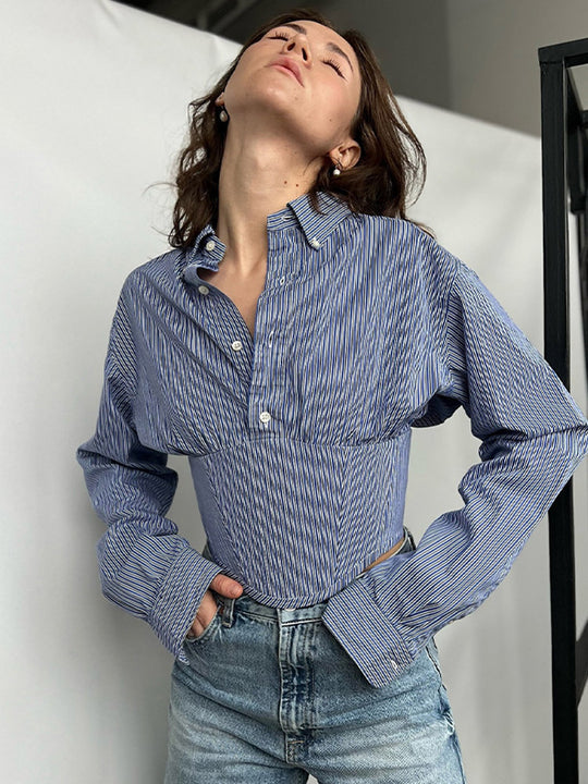 Damen Hemdbluse mit innovativem Schnitt und strukturierten Ärmeln Heidi-Mode