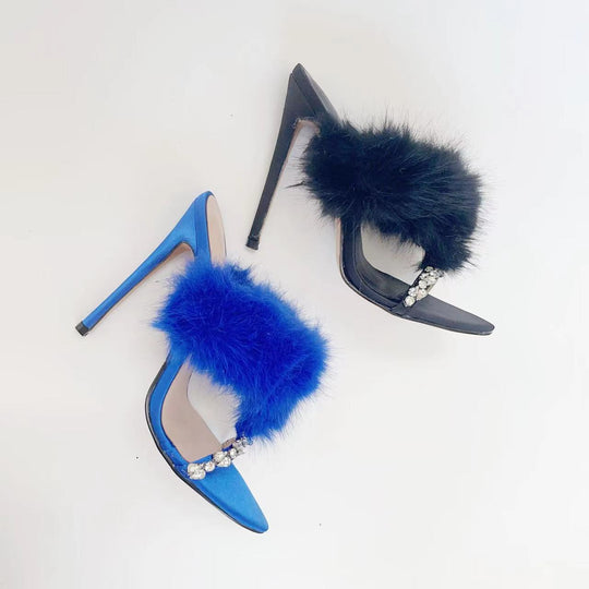 Femme High Fashion Fellbesatz Rutschen Absätze Heidi-Mode