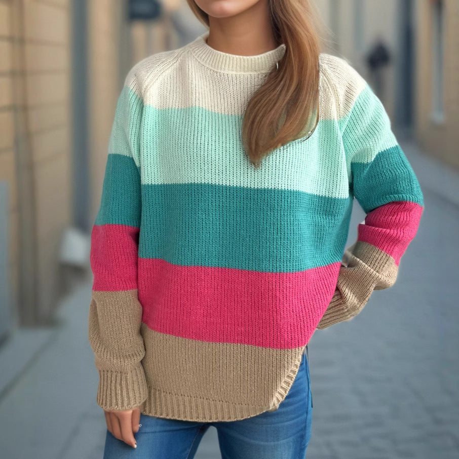 Damen lässiger Strickpullover mit bunten Blockstreifen und weitem Schnitt Heidi-Mode