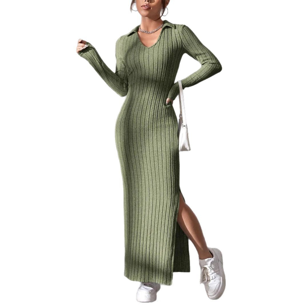 Damen Maxikleid mit strukturiertem V-Ausschnitt und Seitenschlitzen Heidi-Mode