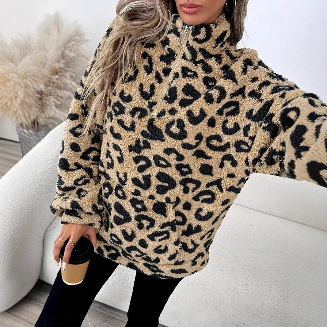 Damen Fleece-Pullover mit stylischem Leopardenmuster Heidi-Mode