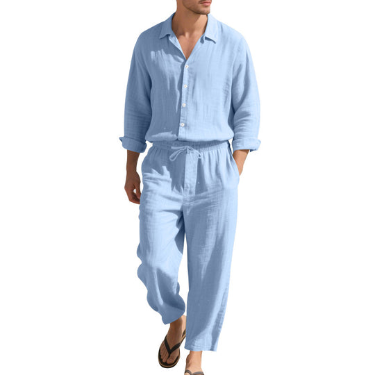Herren Leinen-Loungeanzug mit elastischem Bund und praktischem Knopfdesign Heidi-Mode