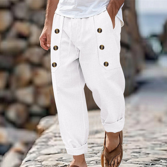 Herren Bequeme Leinenhose mit seitlichen Knöpfen und elastischem Bund Heidi-Mode