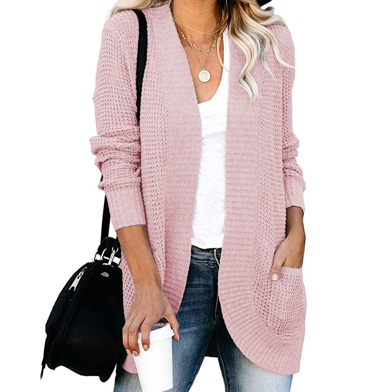 Damen lässige Strickjacke mit offenen Ärmeln und praktischen Taschen Heidi-Mode