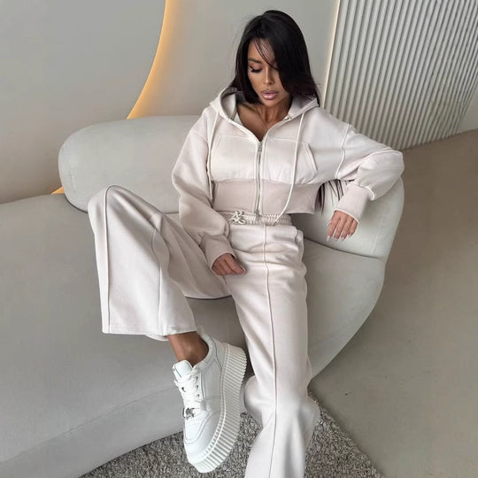 Damen modisches Zweiteiliges Sport-Loungewear-Set mit cropped Hoodie und weitem Schnitt Heidi-Mode