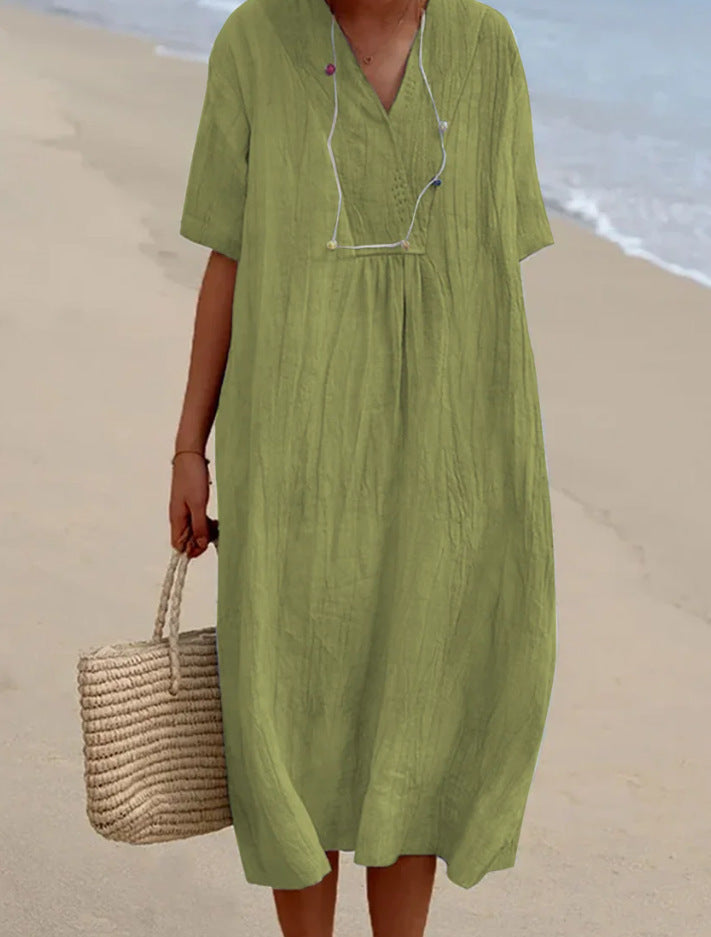 Damen lässiges Midi-Kleid mit V-Ausschnitt und bequemen Kurzärmeln Heidi-Mode