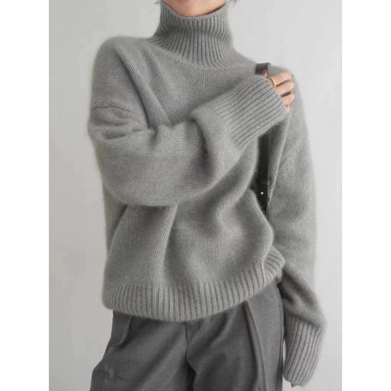 Damen Pullover mit hohem Kragen und weichem Materialmix Heidi-Mode