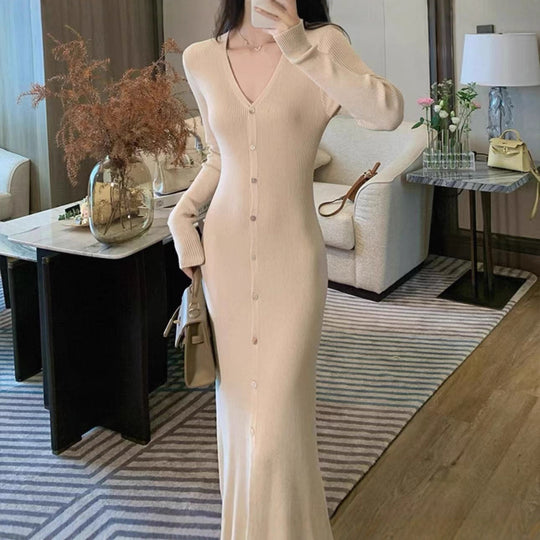 Damen Elegantes Maxikleid mit Knopfdetails und V-Ausschnitt Heidi-Mode
