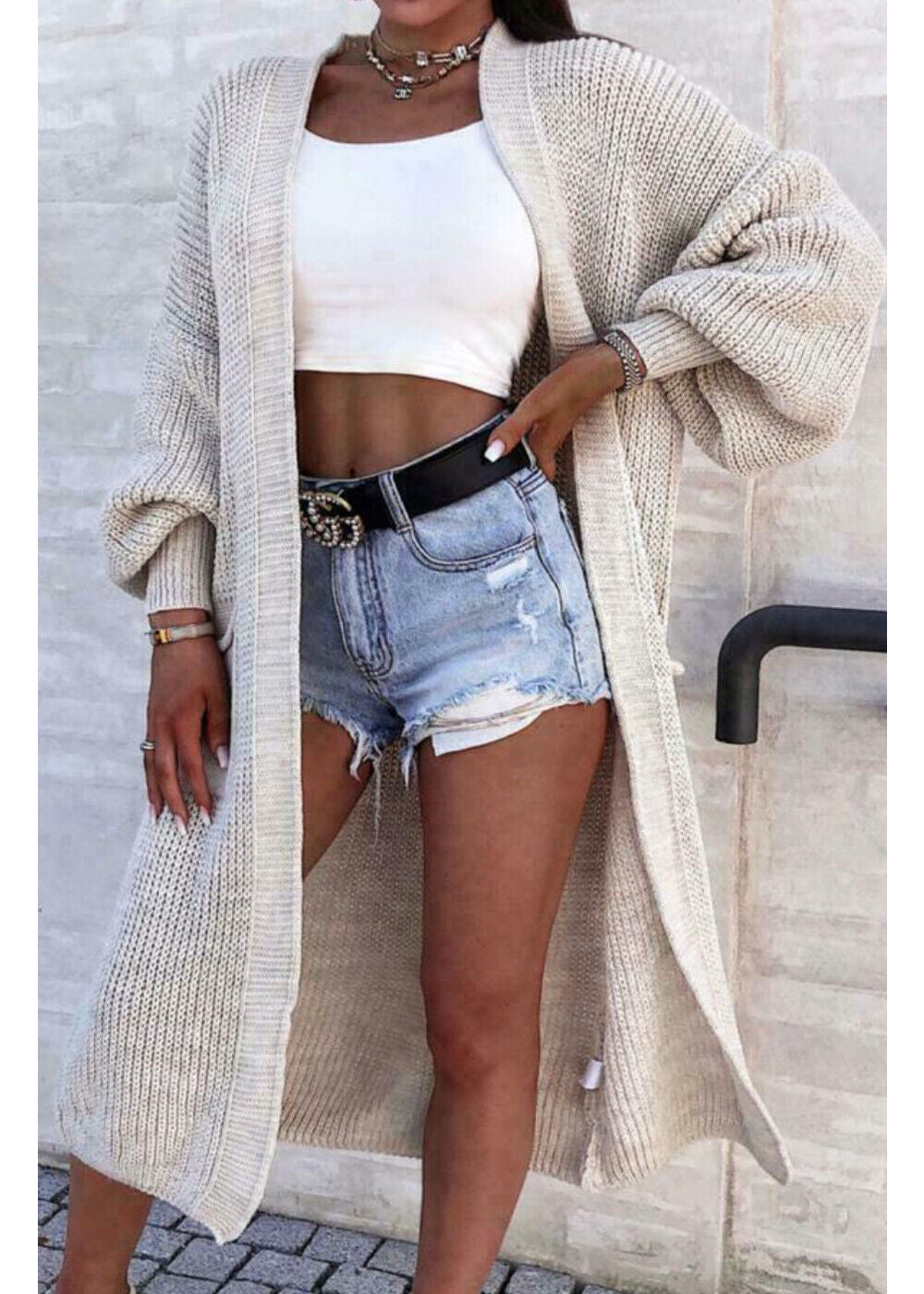 Damen Langer Strickmantel mit großzügigen Taschen Heidi-Mode