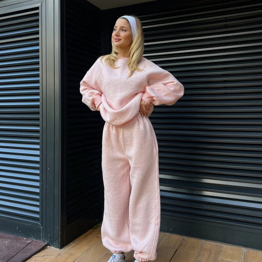 Damen Gemütliches Lounge-Set mit Oversized-Sweatshirt und weiter Hose Heidi-Mode