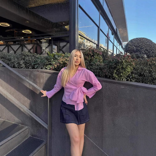 Damen Wickelbluse mit Bindeband und elegantem Kragen Heidi-Mode