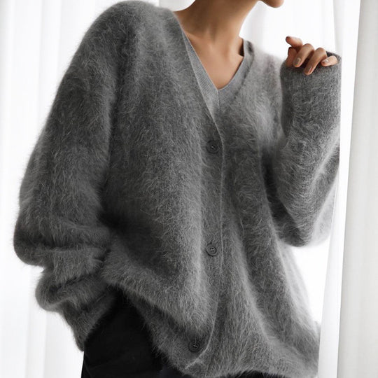 Damen kuschelige Strickjacke mit weichem Mohair-Mix und eleganter Knopfleiste Heidi-Mode