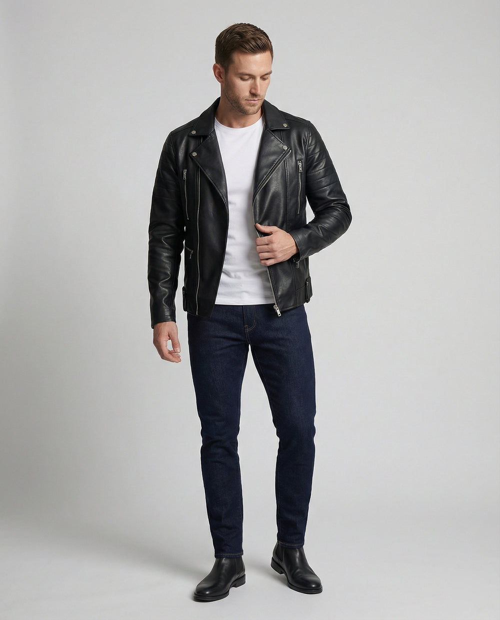 Herren Kunstleder Bikerjacke mit Ziersteppung