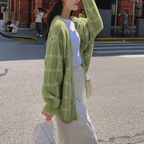 Damen Kuscheliger Oversized-Strickcardigan mit Karomuster Heidi-Mode