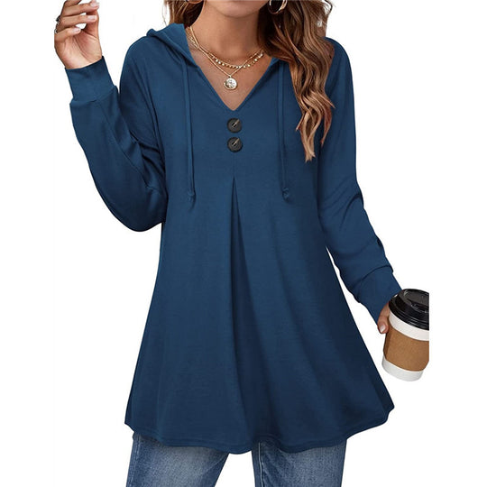 Damen Kapuzenpullover mit V-Ausschnitt und dekorativen Knöpfen Heidi-Mode