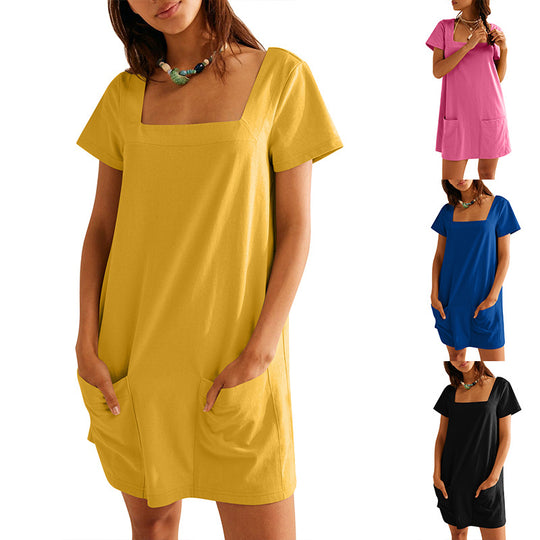 Damen lockeres Sommerkleid mit quadratischem Ausschnitt und praktischen Taschen Heidi-Mode