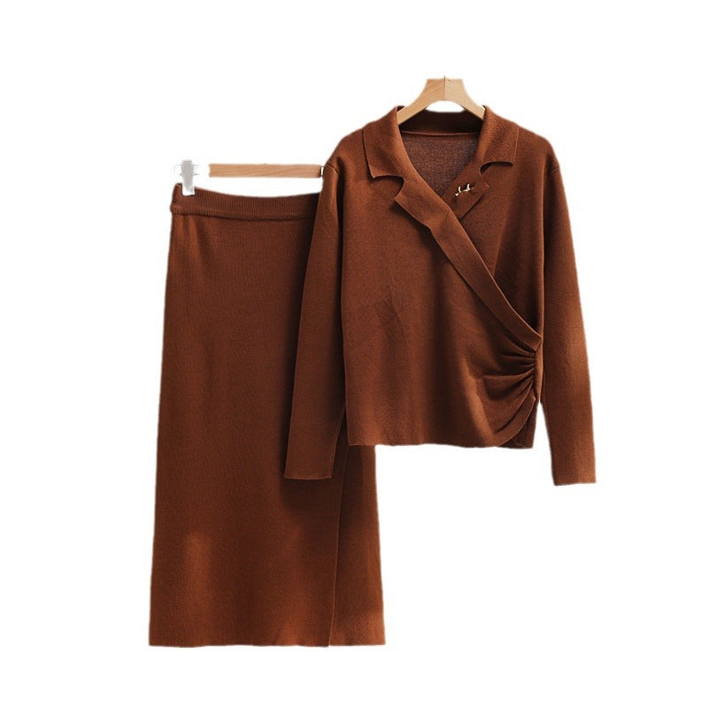 Damen elegantes Strickensemble mit Wickeloberteil und raffinierter hoher Taillierung Heidi-Mode