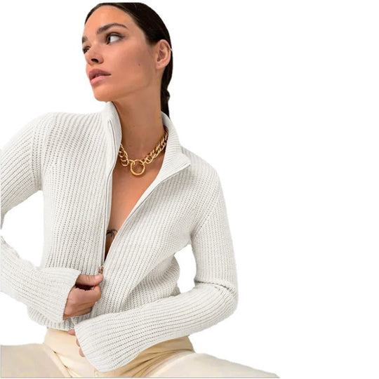 Damen Strickjacke mit hohem Kragen und innovativem Zipper Heidi-Mode
