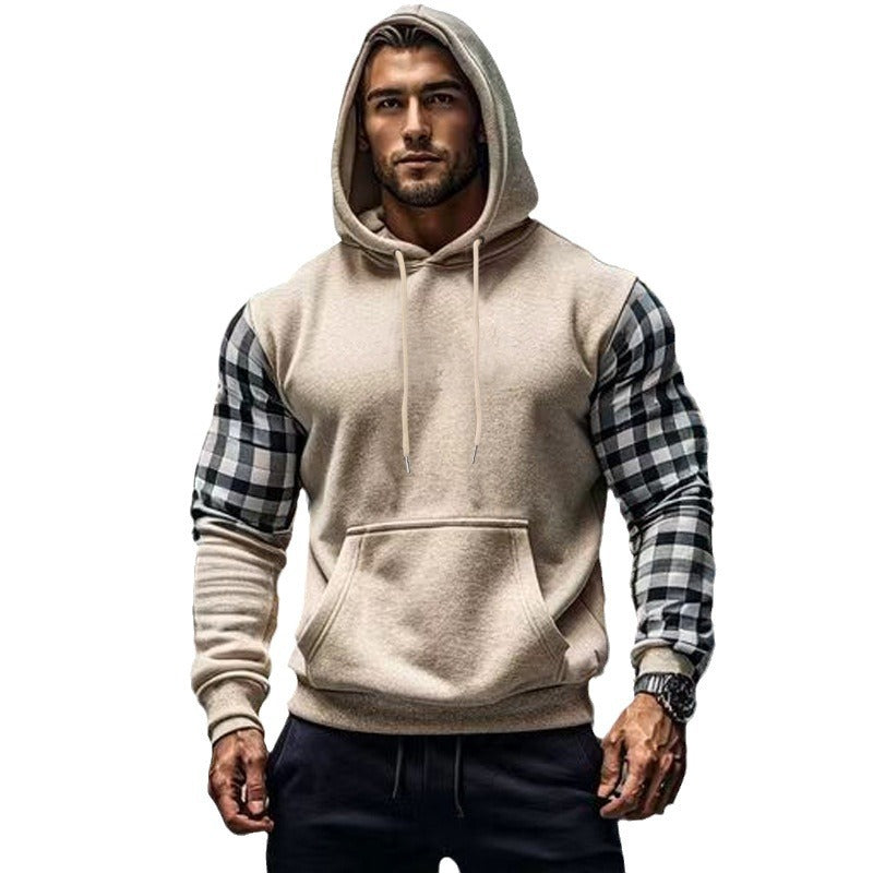 Herren Hoodie mit karierten Ärmeln und Kängurutasche Heidi-Mode