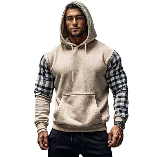 Herren Hoodie mit karierten Ärmeln und Kängurutasche Heidi-Mode