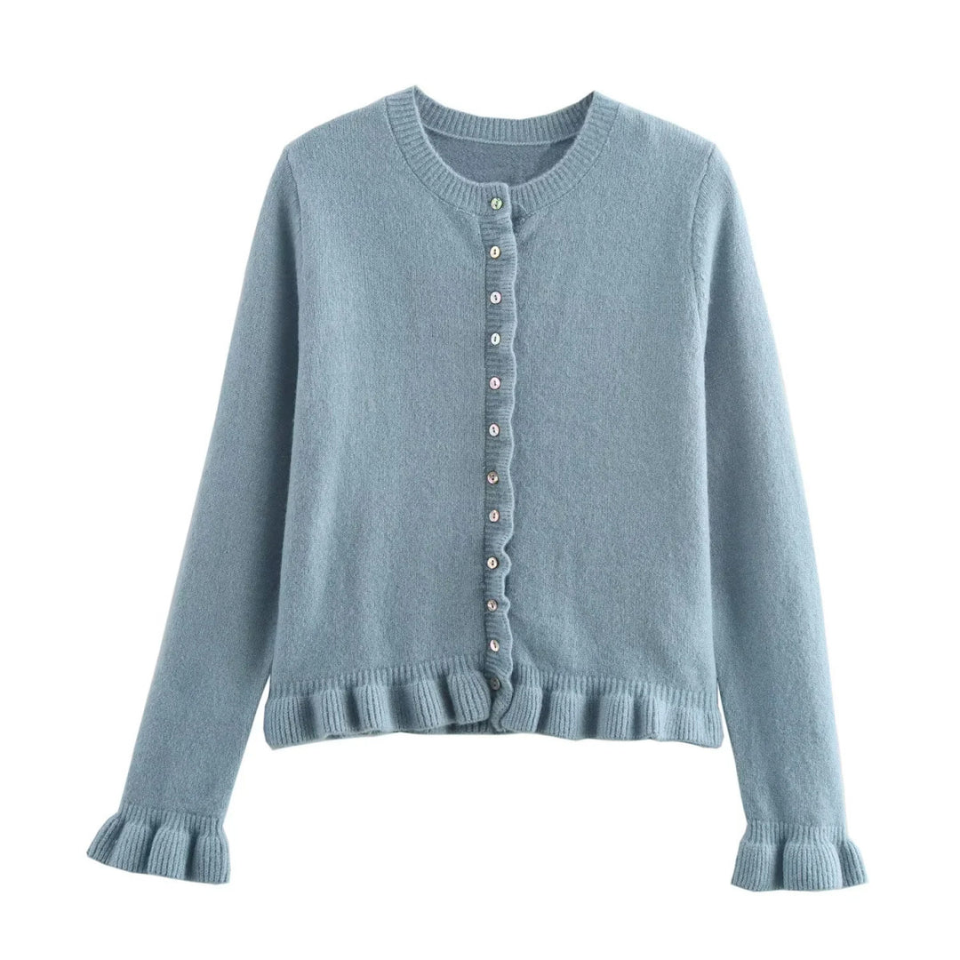 Damen Strickjacke mit dekorativem Rüschensaum und Knopfverschluss Heidi-Mode