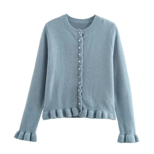 Damen Strickjacke mit dekorativem Rüschensaum und Knopfverschluss Heidi-Mode